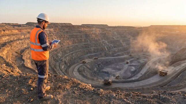 Mining engineer using a digital tablet overlooking a large openpit mine at sunset