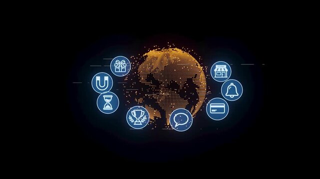 Global connections and digital icons display technology trends in online services and activities for users worldwide