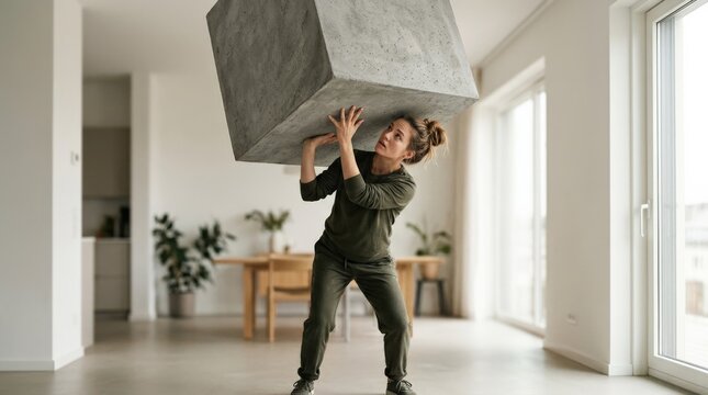 Woman holding massive abstract copy space block overhead pressure and burden. Concept for overwhelming responsibility, stress load, emotional pressure and mental strain in daily life, sharp focus,
