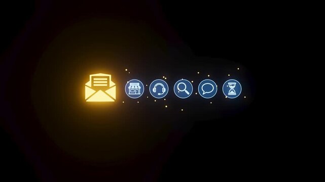 Modern email communication icons with light effects in a dark background showing different functions and features in digital messaging