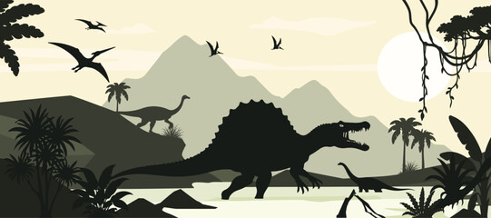 Spinosaurus Hunting in Prehistoric River with Sauropods and Flying Pterosaurs © Artoniumw