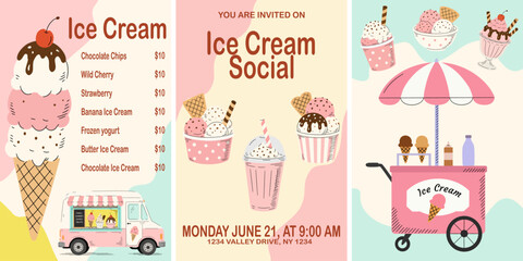 Ice cream social invitation, price menu design, and food truck cart vertical banners set, hand drawn pastel vector illustration © Алла Машичева