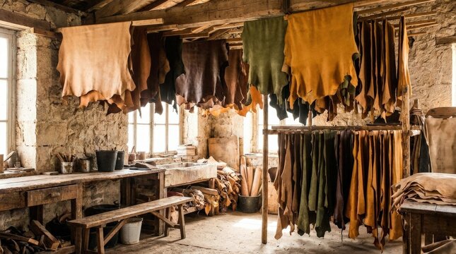 Different colored leather hides hanging to dry in artisan workshop, traditional material craft, tannery process, natural texture, handmade production, clean unbranded setting, natural colors, soft