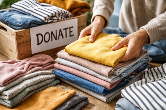 Sorting and folding clothes for donation at a local charity center during daytime