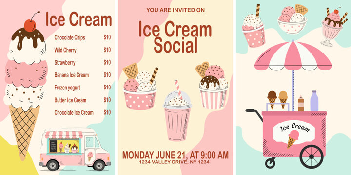 Ice cream social invitation, price menu design, and food truck cart vertical banners set, hand drawn pastel vector illustration