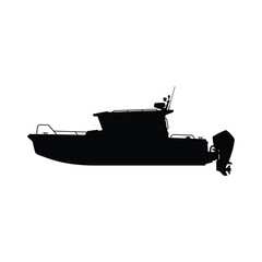 Fototapeta premium A sleek boat silhouette floats on calm waters near a scenic coastal landscape with a lighthouse in the distance under a clear blue sky editable vector solid illustration