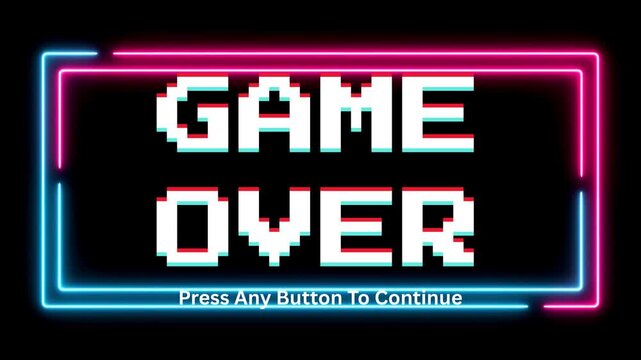 Retro 8-bit pixelated 'GAME OVER' message with neon border and prompt to press any button to continue