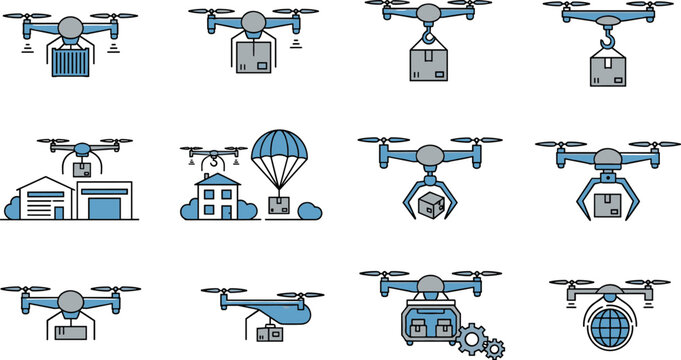 Drone Delivery and Logistics Vector Icons Set with Aerial Shipping, Packages, Parachute, and Transportation Technology