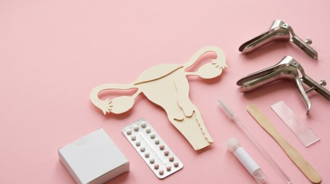 Paper uterus with gynecological speculums pills and pap smear test tools on pink background, women's health screening, reproductive care and clinic education, natural colors, clean composition, useful
