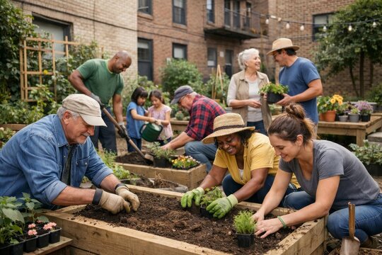 Community members work together in a garden during a sunny afternoon to plant flowers and vegetables for the local area