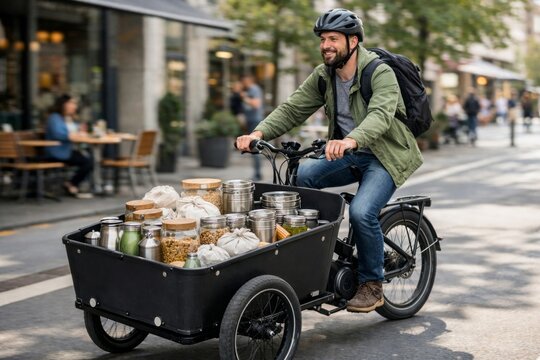 Person rides a cargo bike filled with jars and bags down a city street in a busy area during the day