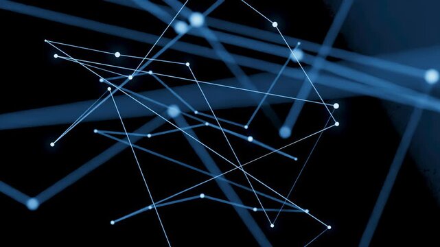 Lines and points connect in blue patterns on a black background creating a digital scene in the evening hours
