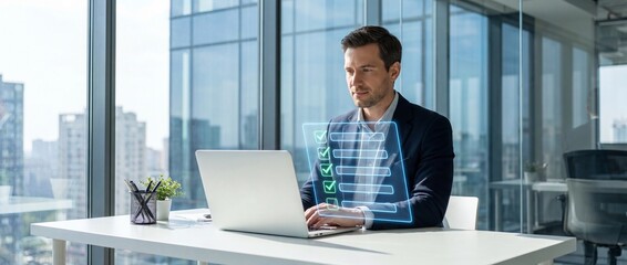 Fototapeta premium Businessman working on laptop with virtual checklist in modern office with city view