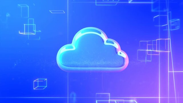 Slow zoom dolly in on cloud icon floating in virtual digital network grid with glowing blue purple background