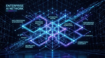 Fototapeta premium Enterprise AI network processing data through a luminous 3D lattice, optimized workflow and connectivity concept for corporate technology solutions, automation and scalable analytics, dark premium