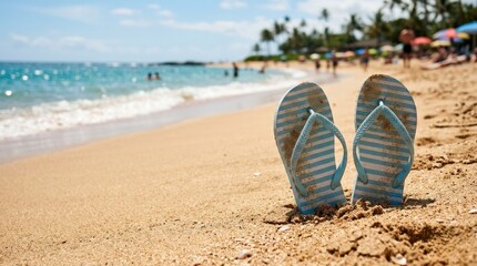 Naklejka premium Summer flip-flops stuck in warm beach sand by the sea, vacation relaxation, sunbathing and coastal leisure concept with clean copy space, blurred shoreline and bright holiday atmosphere for travel,