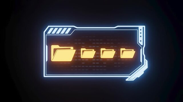 Digital file organization shown through glowing folders on a dark background in a modern design