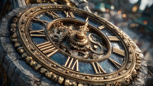 Detail macro of vintage clock tower dial with visible gears behind glass, golden ratio crop, warm artificial lighting mixing with daylight.