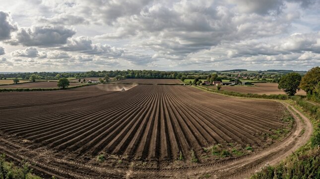 Wide farmland panorama with long parallel soil ridges under a textured cloudy sky, rural agriculture landscape with strong perspective depth and open countryside appeal for farming and land use