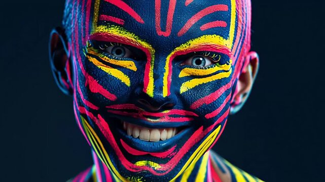 Vibrant Neon Face Paint Woman Expressing Joy and Surprise.