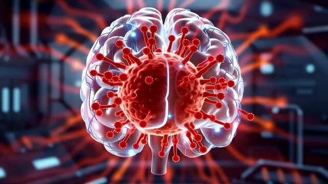 Transparent human brain with glowing virus showing infection impact on neurological health futuristic medical visualization