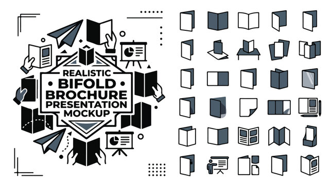 Bifold brochure presentation mockup icons, realistic booklet layout set, corporate catalog and flyer template vector collection for branding