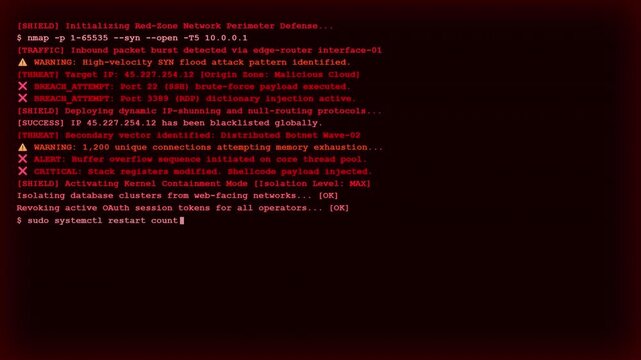 Cybersecurity network security breach alert screen with red digital computer terminal code tracking cyber attack and hacker intrusion activity.