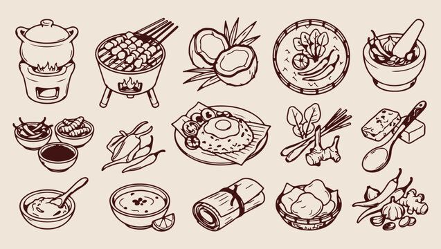 tropical food cooking ingredient pattern, healthy tropical food nature background, fresh food ingredient nature illustration, natural tropical food travel print, food ingredient sketch set, organic fo