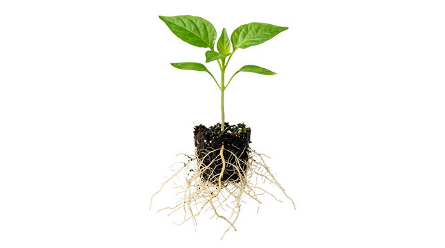 Young green seedling with healthy root system and soil clump isolated on transparent background.