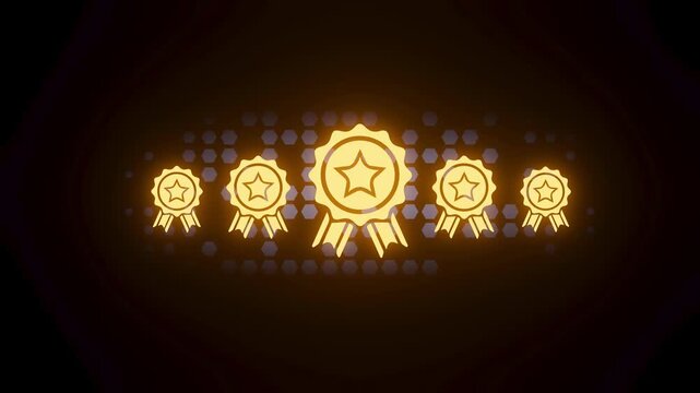 The design shows several award ribbons arranged horizontally on a dark background