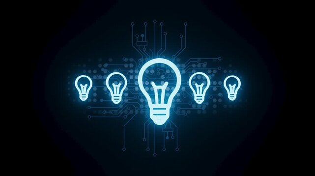 Light bulbs arranged with digital circuits in a dark background showing ideas and technology in a creative design setup