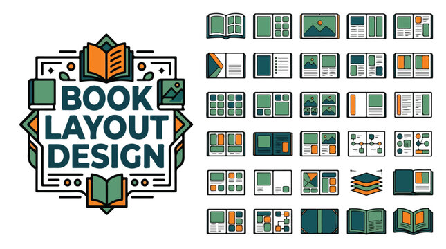 Modern book layout design icons, professional editorial publishing templates, 30 green and orange magazine spread vector elements for print media
