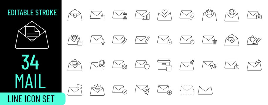 Various mail line icon pack, thirty four editable stroke thin line icon bundle collection, envelope and email symbol set, message send, receive, attachment, security lock, gear, user, paper plane.