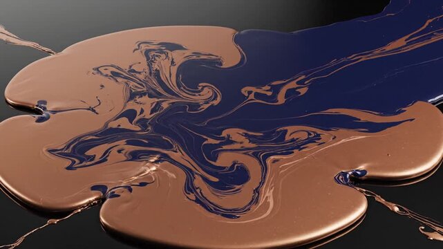 Liquid paint swirls in a vibrant dance of copper and navy blue tones that create a mesmerizing abstract pattern across a dark, reflective surface.
