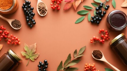An assortment of spices and fruits arranged on a warm, earthy background with jars and leaves © chusnul