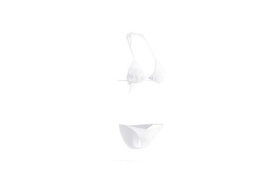 Blank white woman bikini mock up png, transparent background, 3d rendering. Empty summer microkini with bodice and swimtrunks for pool swim mockup cut out. Clear female spandex underwear tempalate.