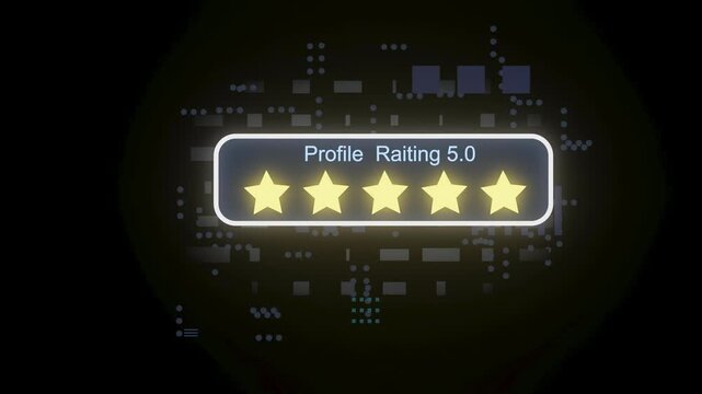Display shows five stars rating for a profile with a score of 5.0 on a digital interface
