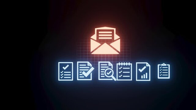 Icons of email communication and document management in a digital setting with various items displayed on a dark background
