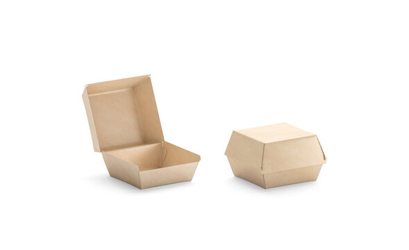 Blank opened and closed craft burger box mockup png, transparent background, 3d rendering. Empty brown boxed mock up cut out. Clear pasteboard portable container for cafe branding template.