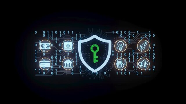 Digital security icons on a black background showing key and shield symbols with binary code patterns in the background
