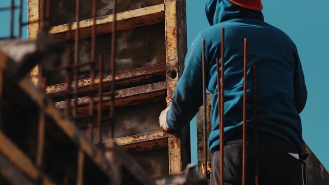 Worker installing formwork panel for reinforced concrete wall construction