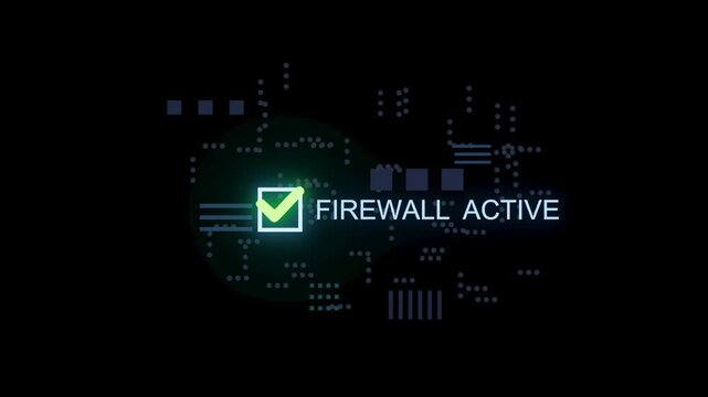 Firewall active message displayed on a digital screen with glowing green check mark at a tech workspace during evening hours