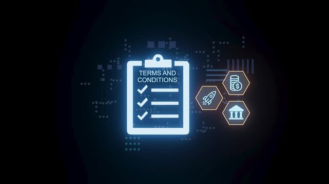 Terms and conditions checklist with digital elements and icons for compliance in modern business practices