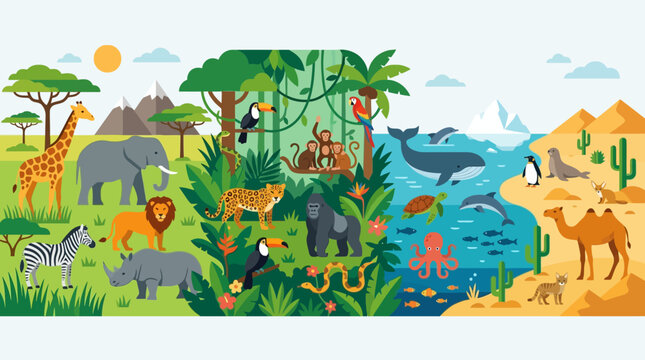 Colorful cartoon wild animals gathering.