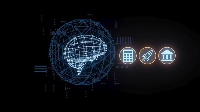 Digital representation of a brain with technology symbols showing connections and ideas in a virtual landscape
