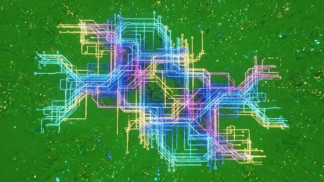Circuit board lines create a vibrant network of digital pathways that symbolize modern data connectivity and advanced computer technology.