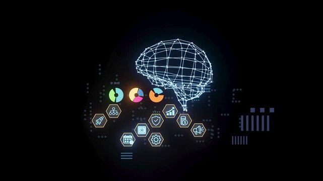 Neural network visualization with data icons and symbols on a black background showing technology trends in computing