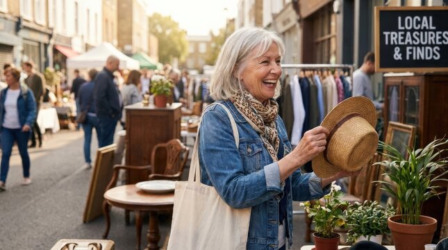 Happy senior woman on a flea market street, active aging and everyday lifestyle concept for editorial branding, travel campaigns and social storytelling, candid smile, urban market atmosphere and warm