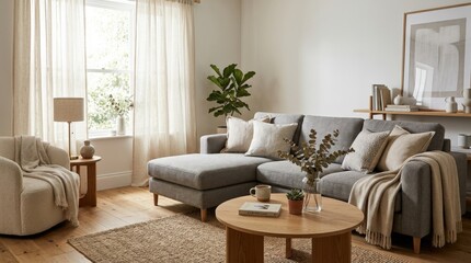 Fototapeta premium Interior of stylish living room with grey sofa, table and light curtains, modern home interior and lifestyle stock concept with cozy furniture, clean decor, everyday comfort, neutral unbranded