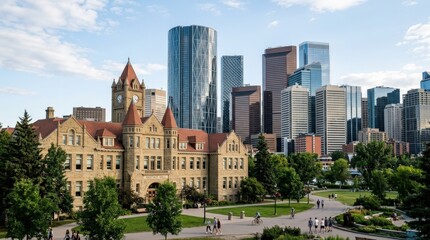 Fototapeta premium Historic building against a modern skyline in Calgary, architectural contrast between heritage and contemporary city growth in a clean urban composition for travel and editorial themes, balanced civic
